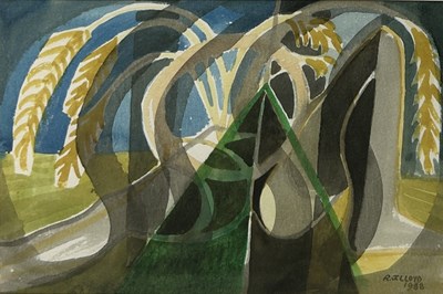 Lot 864 - REGINALD JAMES LLOYD (BRITISH 1926-2020): A WATERCOLOUR PAINTING ON PAPER DEPICTING AN ABSTRACT SCENE 'FOOLS CAP'