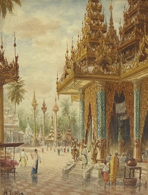 Lot 763 - MG TUN HLA (BURMESE 1874-1946): A WATERCOLOUR PAINTING ON PAPER DEPICTING 'THE SHWEDAGON PAGODA', RANGOON, BURMA/MYANMAR