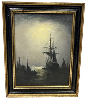 Lot 783 - A CONTINENTAL / DUTCH OIL PAINTING ON BOARD DEPICTING A MOONLIGHT SHIPPING SCENE