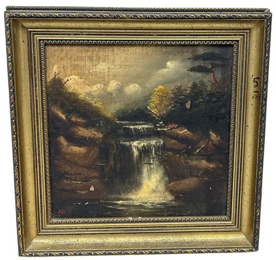 Lot 830 - A 19TH CENTURY OIL PAINTING ON CANVAS DEPICTING A WATERFALL SCENE BY MOONLIGHT