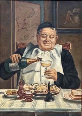 Lot 828 - AN EARLY 20TH CENTURY OIL PAINTING ON CANVAS DEPICTING A GENTLEMAN ENJOYING A GLASS OF CHAMPAGNE WITH A PLATE OF OYSTERS