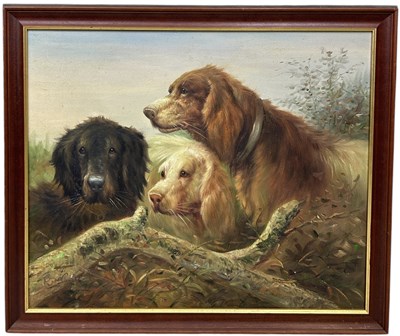 Lot 829 - AN OIL PAINTING ON CANVAS DEPICTING A GROUP OF DOGS