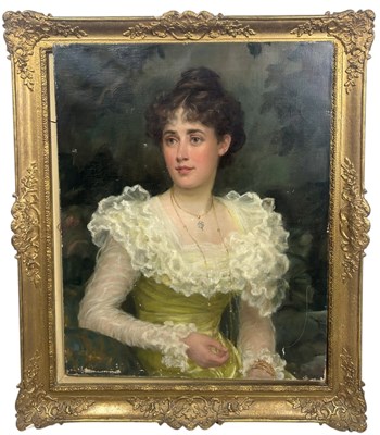 Lot 371 - A 19TH CENTURY OIL PAINTING ON CANVAS DEPICTING A LADY IN YELLLOW DRESS WITH A LONG NECKLACE