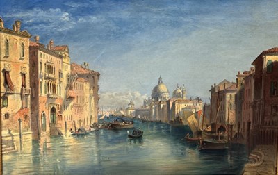 Lot 765 - A 19TH CENTURY OIL PAINTING ON CANVAS IN THE ITALIAN MANNER DEPICTING A VENETIAN CANAL