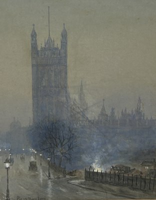 Lot 796 - A WATERCOLOUR PAINTING ON PAPER SIGNED ROSE BARTON DEPICTING A LONDON STREET SCENE IN THE FOG WITH CARRIAGES