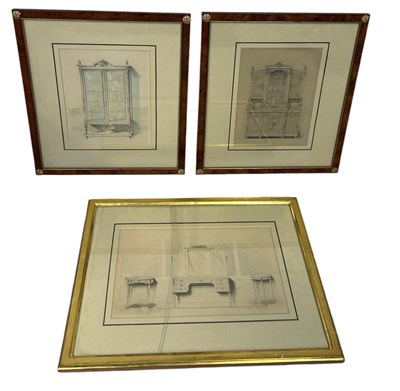 Lot 876 - A GROUP OF THREE PENCIL SKETCHES WITH WATERCOLOUR AND WHITE HEIGHTENING DEPICTING 18TH CENTURY FRENCH FURNITURE