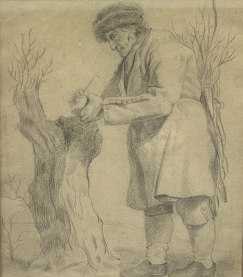 Lot 874 - A PENCIL DRAWING ON PAPER DEPICTING A GENTLEMAN GATHERING STICKS