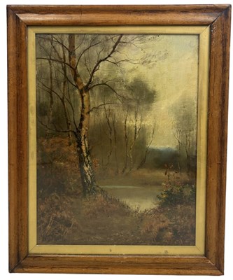 Lot 381 - WILLIAM TEMPLE MUIR (BRITISH 1828-1910): AN OIL PAINTING ON BOARD DEPICTING A WOODLAND SCENE WITH A POND