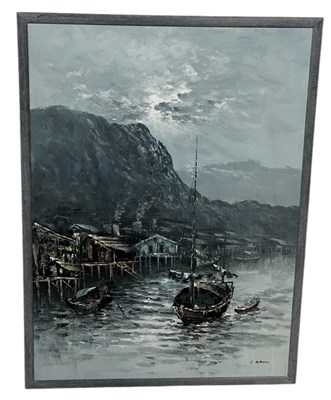 Lot 440 - A LARGE CHINESE OIL PAINTING DEPICTING FISHING BOATS IN A HARBOUR