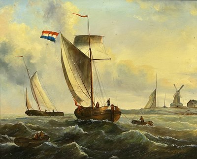 Lot 793 - A DUTCH OIL PAINTING ON CANVAS DEPICTING SAILBOATS AT SEA