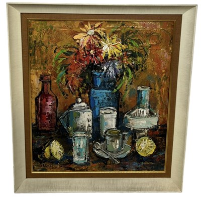 Lot 859 - A LARGE OIL PAINTING ON BOARD DEPICTING A STILL LIFE WITH TEA, FLOWERS AND LEMONS