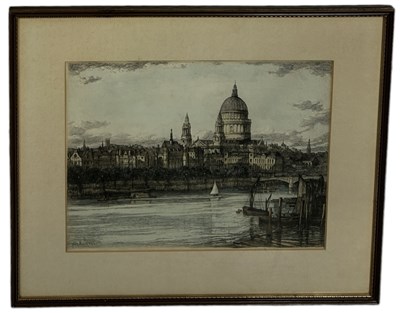 Lot 532 - JOHN FULLWOOD R.S.A: A COLOURED ETCHING DEPICTING A CITY WITH A RIVER