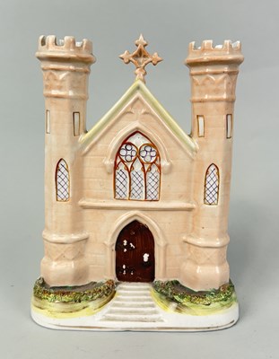 Lot 469 - STAFFORDSHIRE, CHURCH WITH TWO CASTELLATED SPILL HOLDERS CIRCA 1860'S