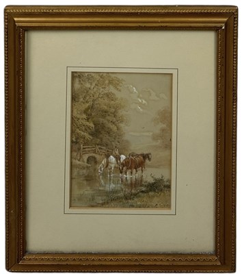 Lot 474 - HENRY EARP SENIOR (1831-1914): A WATERCOLOUR PAINTING ON PAPER DEPICTING A MAN WITH THREE HORSES DRINKING IN A STREAM