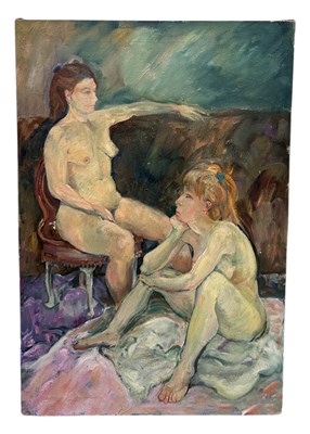 Lot 951 - AN OIL PAINTING ON CANVAS DEPICTING TWO NUDE LADIES