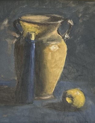 Lot 879 - AN OIL PAINTING ON CANVAS DEPICTING A STILL LIFE WITH OIL JAR AND LEMON