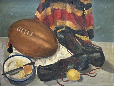 Lot 858 - RUGBY INTEREST: AN OIL PAINTING ON BOARD DEPICTING A STILL LIFE WITH RUGBY KIT