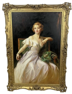 Lot 386 - AN OIL PAINTING ON CANVAS DEPICTING A SEATED LADY