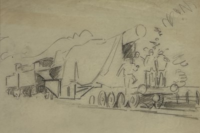 Lot 510 - JEAN HIPPOLYTE MARCHAND (FRENCH 1883-1941): A PEN AND INK DRAWING ON PAPER DEPICTING A TRAIN WITH FIGURES