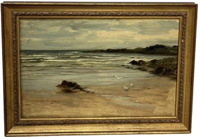 Lot 780 - JOSEPH FARQUHASON (SCOTTISH 1846-1935): AN OIL PAINTING ON BOARD DEPICTING A BEACH SCENE