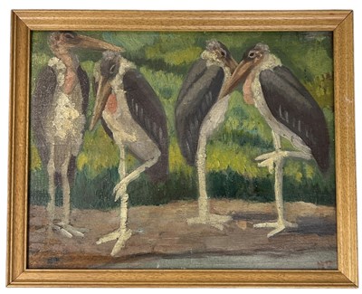 Lot 759 - ATTRIBUTED TO MATEO HERNANDEZ (SPANISH 1885-1949): AN OIL PAINTING ON BOARD DEPICTING MARIBOU STORKS