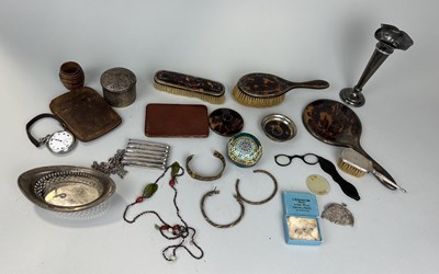 Lot 298 - A MIXED LOT TO INCLUDE VARIOUS SILVER ITEMS, ANTIQUE TORTOISESHELL VANITY SET, INDIAN REPOUSSE BOX AND COVER, HARRODS SILVER (QTY)