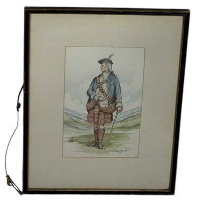 Lot 477 - A WATERCOLOUR PAINTING ON PAPER DEPICTING A SCOTTISH MAN WEARING TRADITIONAL DRESS IN THE HIGHLANDS