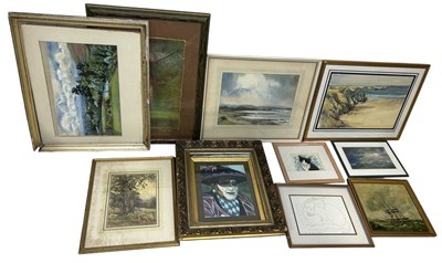 Lot 903 - A COLLECTION OF LANDSCAPE WATERCOLOURS, PENCIL DRAWING OF CATS, OIL PAINTING DEPICTING SHIPS (10)