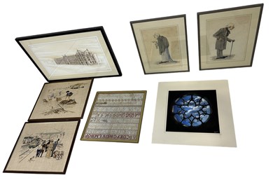 Lot 929 - TWO EMBROIDERIES, A SAMPLER, LARGE ARCHITECTURAL WATERCOLOUR PAINTING, GOTHIC PASTEL, TWO PRINTS OF THE ELDERLY