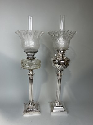 Lot 1002 - TWO VICTORIAN CORINTHIUM COLUMN ELECTROPLATE OIL LAMPS