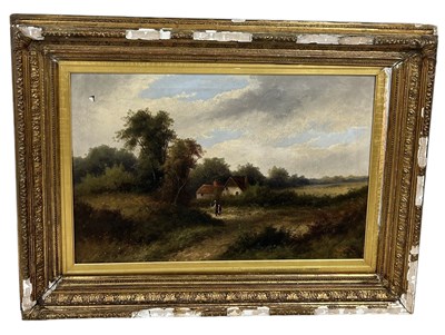 Lot 411 - R.PERRY (BRITISH, 19TH CENTURY): AN OIL PAINTING ON CANVAS DEPICTING FIGURES ON A COUNTRY PATH