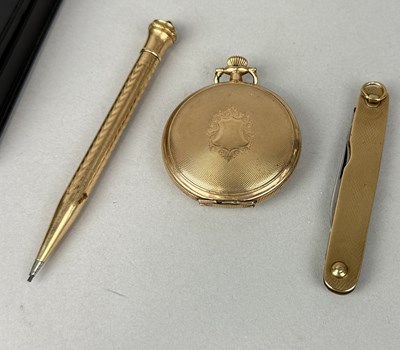 Lot 422 - A 9CT GOLD PEN KNIFE ALONG WITH AN ELGIN POCKET WATCH AND PLATED PENCIL