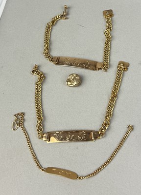 Lot 383 - THREE 14CT GOLD IDENTITY BRACELETS ALONG WITH A GOLD TOOTH