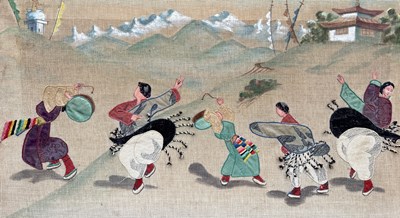 Lot 798 - A MID CENTURY CHINESE EMBROIDERY PANEL DEPICTING FIGURES DANCING