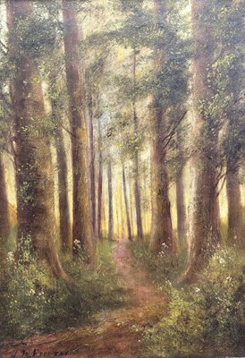 Lot 813 - W. M. FREEZOR: AN OIL PAINTING ON CANVAS DEPICTING A DAYTIME WOODLAND SCENE