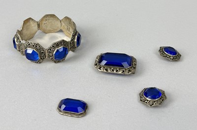 Lot 321B - CHINESE SILVER AND BLUE STONE BRACELET, BROOCHES