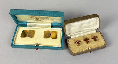 Lot 404 - A SET OF 9CT GOLD CUFFLINKS IN WILSON AND SHARP BOX, ALONG WITH THREE 9CT GOLD STUDS IN BOX