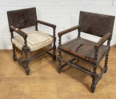Lot 1028 - A PAIR OF SPANISH LEATHER ARMCHAIRS WITH BARLEY TWIST LEGS AND STRETCHERS