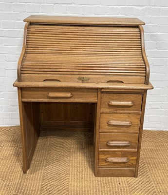 Lot 1064 - A 1930'S OAK BUREAU WITH TAMBOUR FRONT
