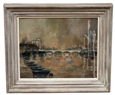Lot 797 - 20TH CENTURY BRITISH SCHOOL, AN OIL PAINTING ON CANVAS DEPICTING BATTERSEA BRIDGE AND POWER STATION