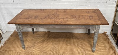 Lot 1007 - A FRENCH FARMHOUSE TABLE WITH BURR WALNUT TOP AND LIMED BASE