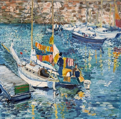 Lot 907 - 20TH CENTURY SCHOOL: AN OIL PAINTING ON BOARD DEPICTING A HARBOUR SCENE