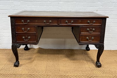 Lot 1020 - A CHIPPENDALE REVIVAL EDWARDIAN WRITING DESK WITH BALL AND CLAW FOOT