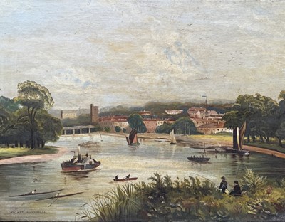 Lot 908 - AN OIL PAINTING ON CANVAS DEPICTING PUTNEY ON THAMES