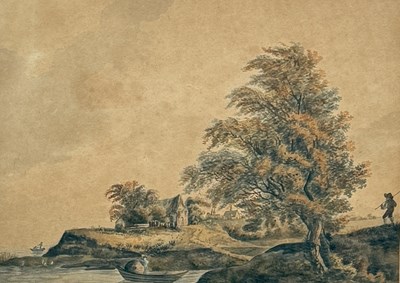 Lot 856 - WILLIAM PAINE (BRITISH 1760-1830): A WATERCOLOUR PAINTING ON PAPER DEPICTING A LANDSCAPE SCENE WITH A RIVER
