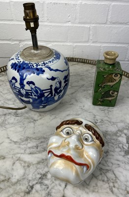 Lot 583 - A CHINESE BLUE AND WHITE JAR ADAPTED FOR LAMP, KANGXI MARK BUT LATER ALONG WITH A JAPANESE MASK BOX, AND A FISH VASE (3)