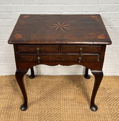 Lot 1011 - A GEORGIAN BURR WALNUT AND MAHOGANY LOW BOY, WITH MARQUETRY INLAID STAR