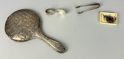 Lot 294 - A SILVER MIRROR, SUGAR TONGS, SPOON, 9CT GOLD PLATED SILVER AND AMETHYST NECKLACE
