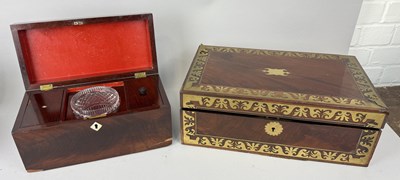 Lot 578 - A BRASS INLAID WRITING SLOPE AND A ROSEWOOD TEA CADDY