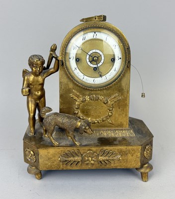 Lot 529 - JOSEPH JESSNER IN WIEN: A GILT METAL MANTEL CLOCK 'NOUBLIEZ PAS L'AMOUR'